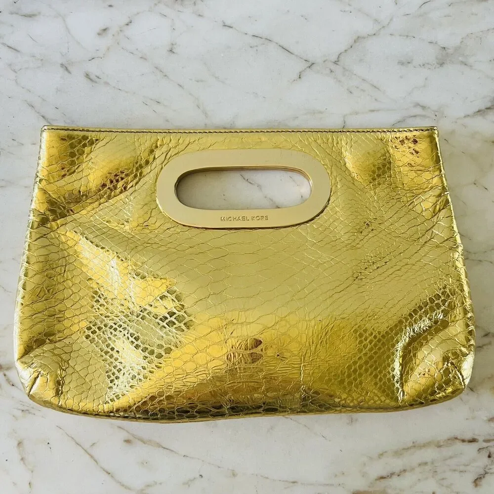 MICHAEL KORS Berkeley Metallic Gold Genuine Leather Snake Skin Print Clutch Bag